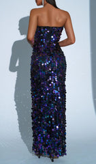 Fiene Dazzling Iridescent Sequin Strapless Maxi Gown