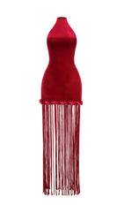 Jayla Red Velvet Halter Maxi Dress with Dramatic Tassels