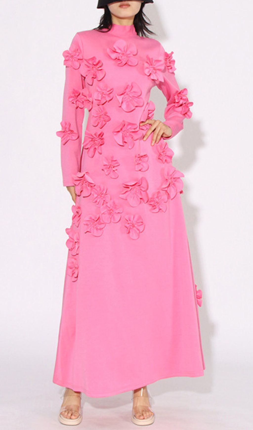 Bly Vibrant Pink 3D Floral Appliqu Long Sleeve Maxi Dress