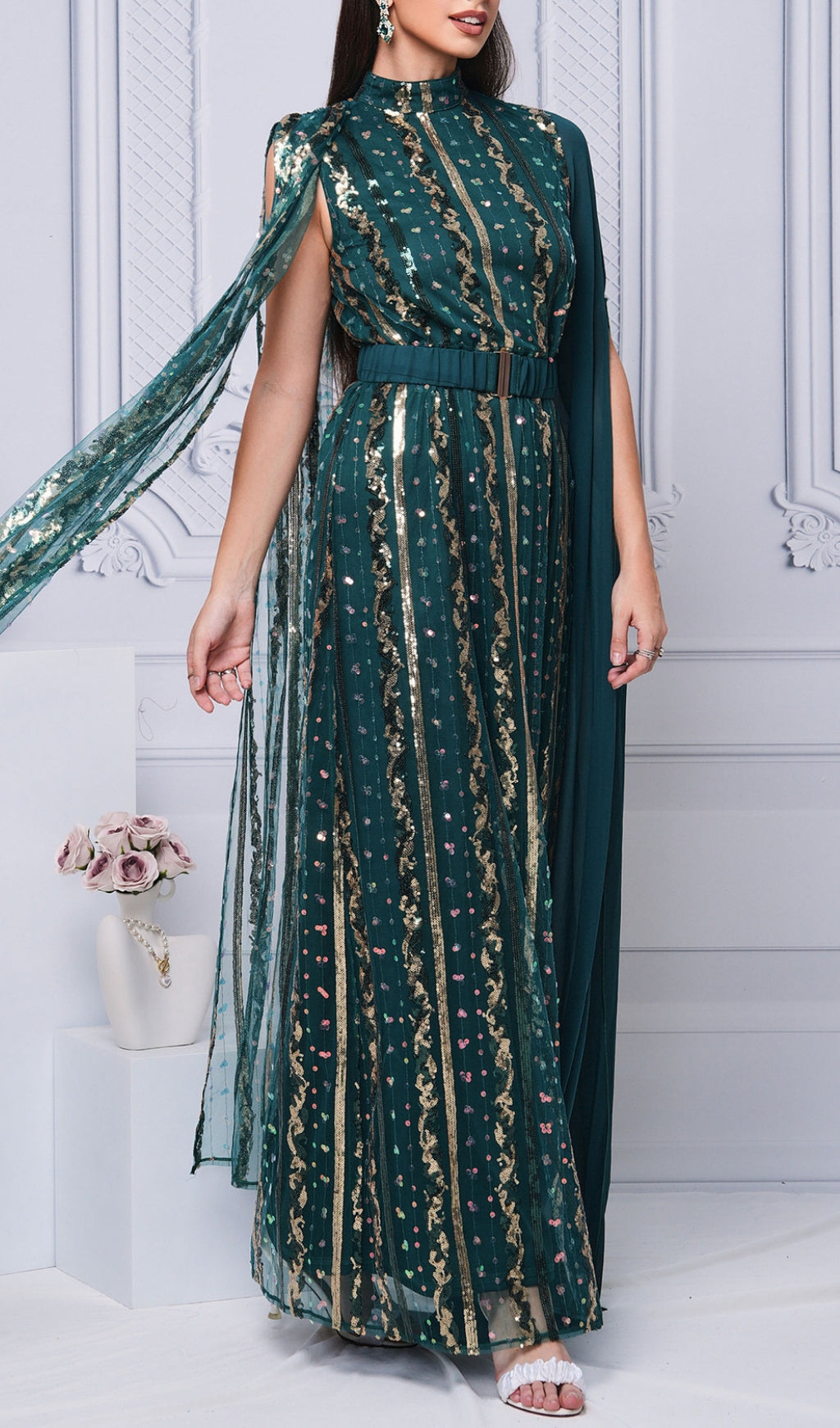 Dazzling Emerald Sequin Mesh Maxi Dress