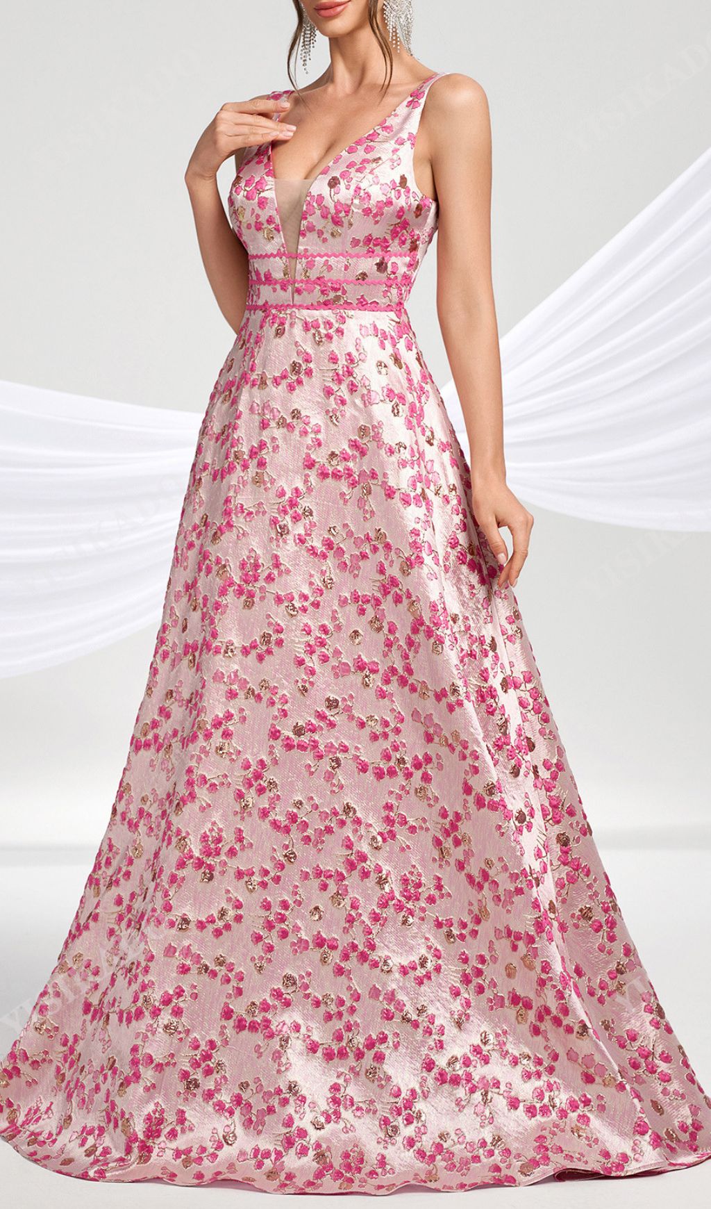 Hamida Enchanting Pink Floral V-Neck Maxi Dress