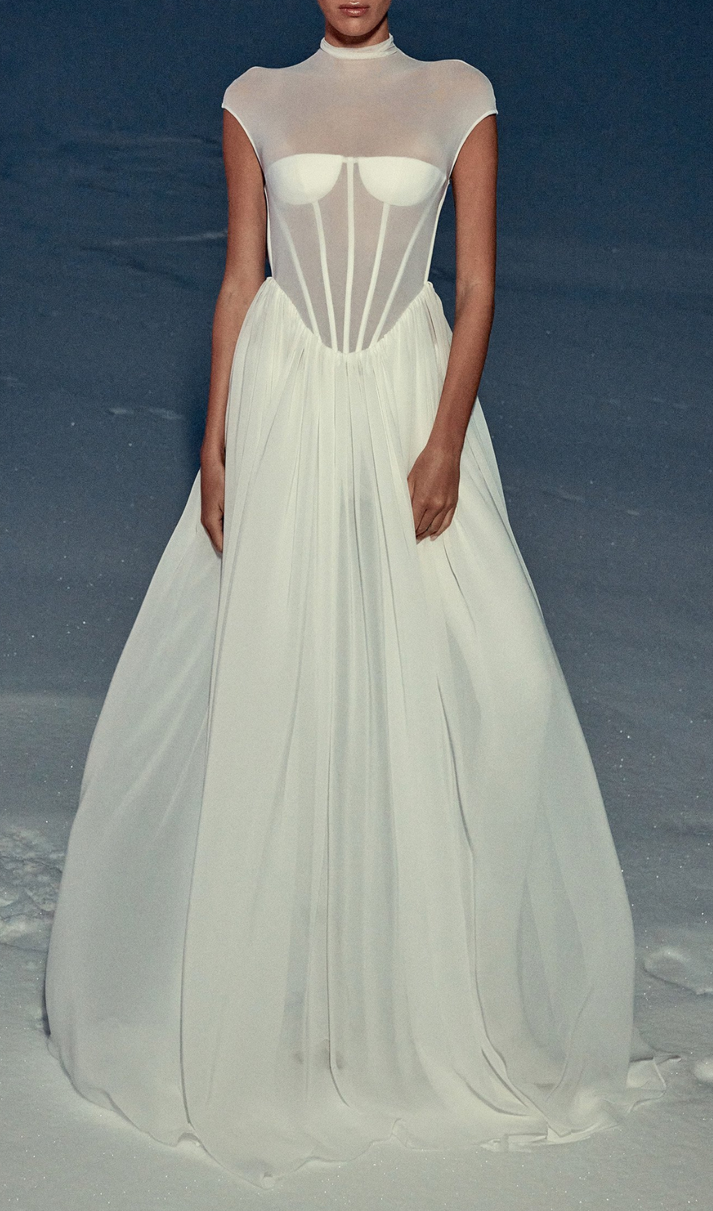 Gabija Ethereal White Boned Corset Maxi Gown with Sheer Mesh