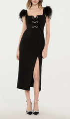 Cari Black Feather & Crystal Bow Midi Dress
