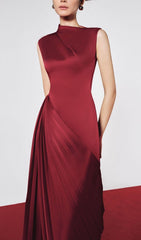 Chic Red Diagonal Pleated Midi Dress