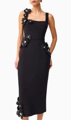 Harper Black Elegant 3D Floral Embellished Midi Dress