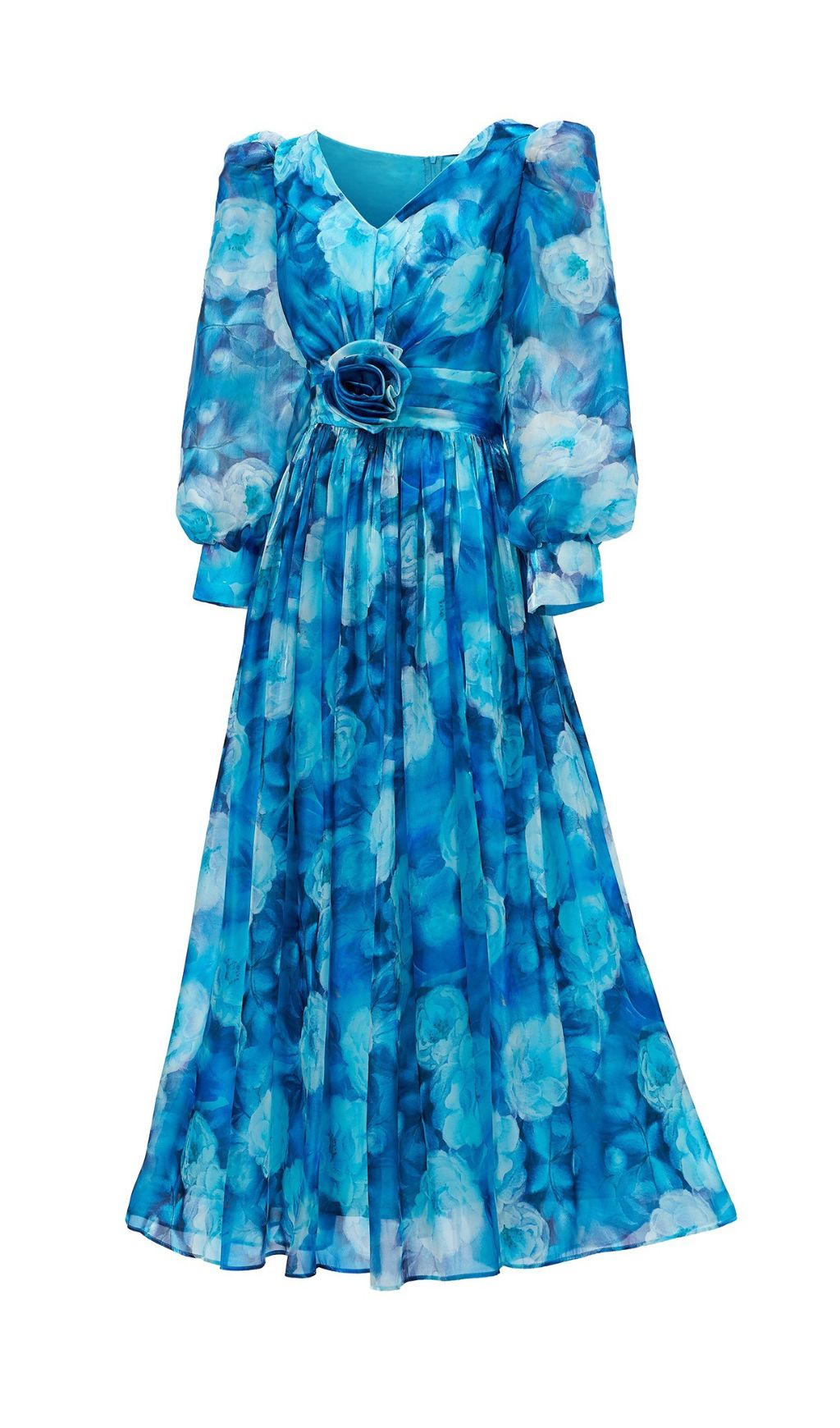 Feray Blue Watercolor Floral Maxi Dress with 3D Rose Belt
