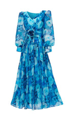 Feray Blue Watercolor Floral Maxi Dress with 3D Rose Belt