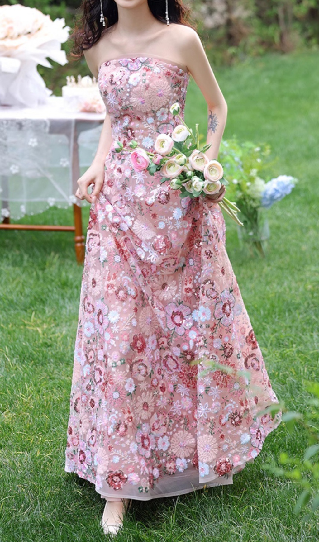Geovany Pink Floral Sequin Strapless Maxi Dress