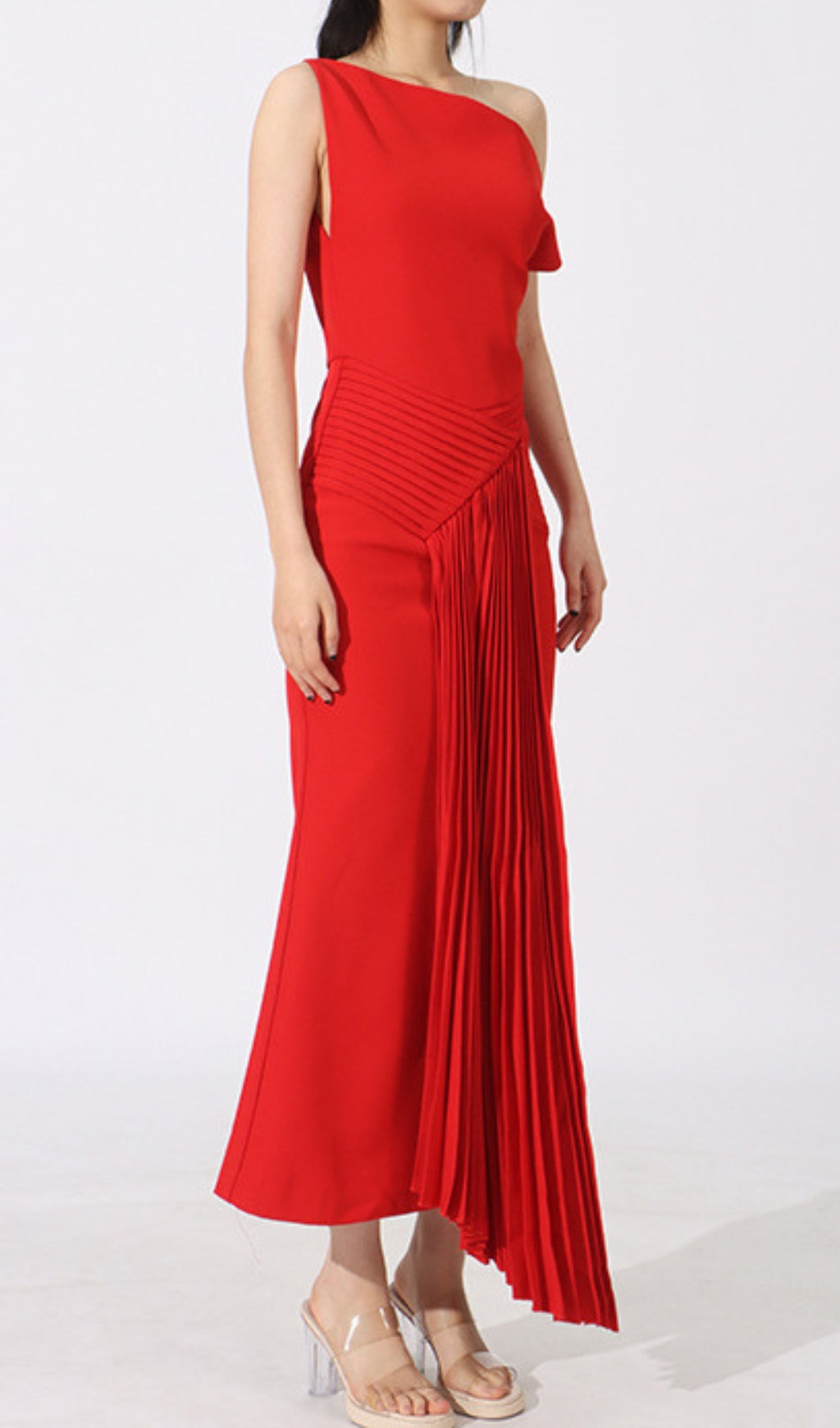 Eren Elegant Red One-Shoulder Pleated Maxi Dress