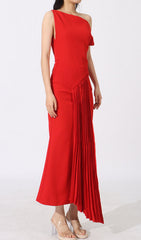 Eren Elegant Red One-Shoulder Pleated Maxi Dress