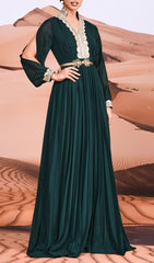 Croia Emerald Green Embroidered V-Neck Pleated Maxi Dress
