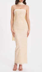 Raizel Luxe Gold Sequin & Beaded Bodycon Gown with Matching Scarf