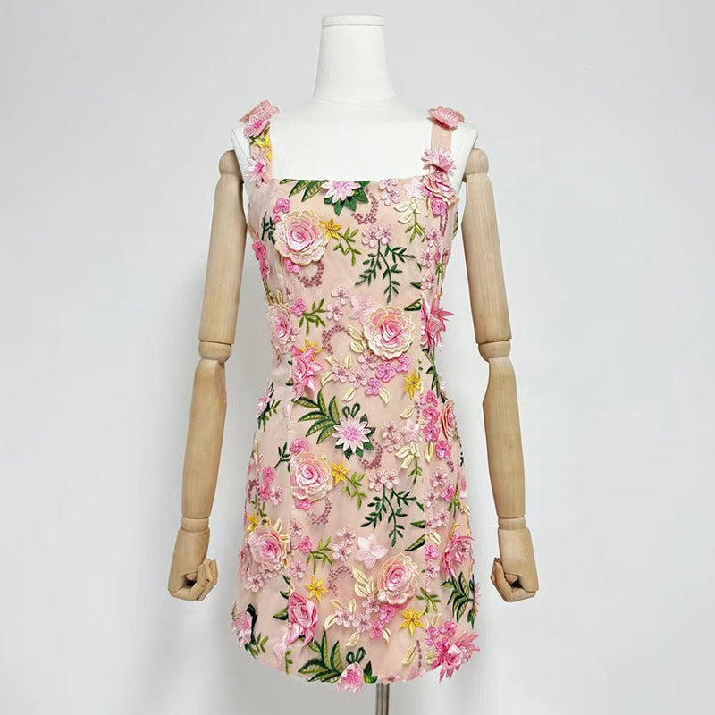 Fyodor Blush Bloom Floral Embroidery Strappy Mini Dress