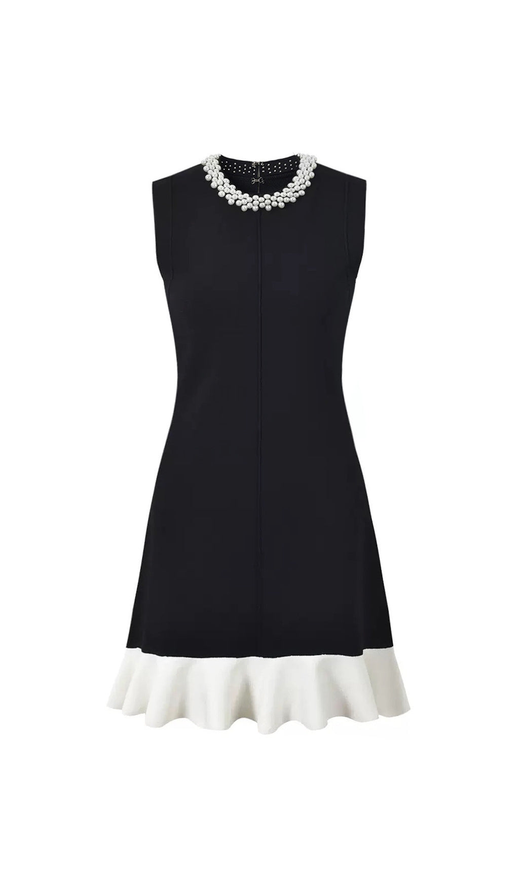 Chic Black Mini Dress with Pearl Collar & Ruffle Hem