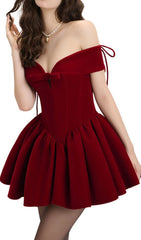 Irem Red Velvet Off-Shoulder Corset Mini Dress