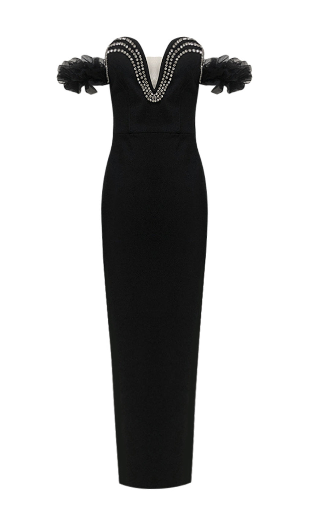 Cilicia Glamorous Black Crystal Ruffle Maxi Bandage Dress