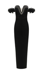 Cilicia Glamorous Black Crystal Ruffle Maxi Bandage Dress