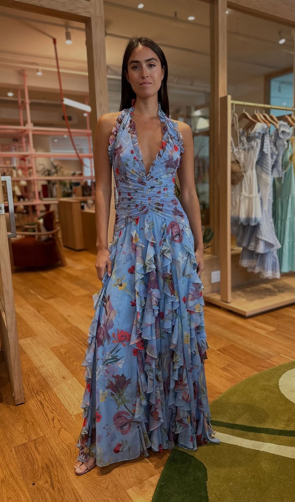 Delicah Blue Floral Halter Ruffle Maxi Dress