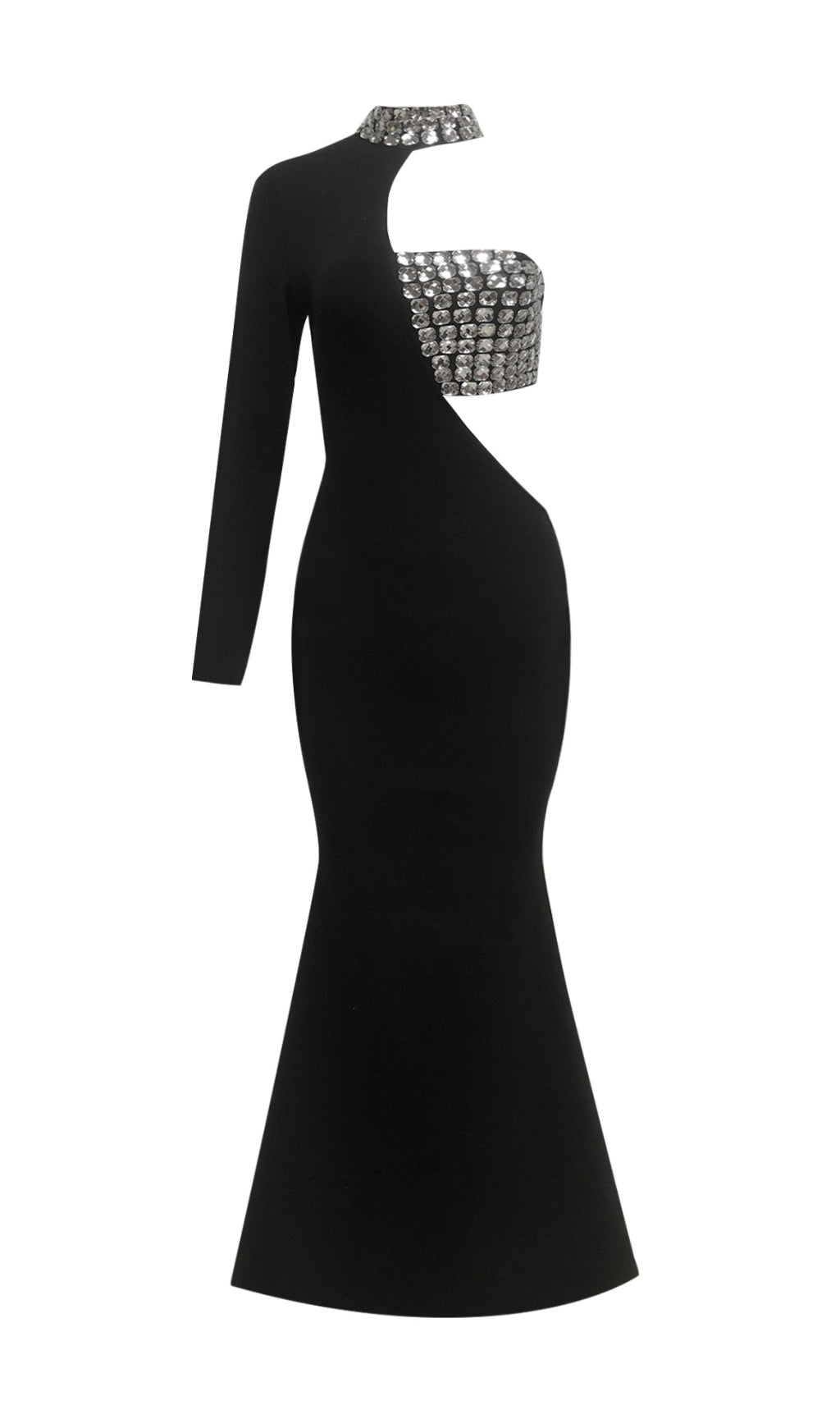 Glamorous Black Crystal Embellished One-Sleeve Cut-Out Maxi Gown