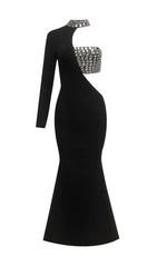 Glamorous Black Crystal Embellished One-Sleeve Cut-Out Maxi Gown