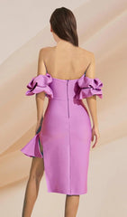 Lavish Lavender Off-Shoulder Midi Dress with Dramatic Puff Sleeves & High Slit