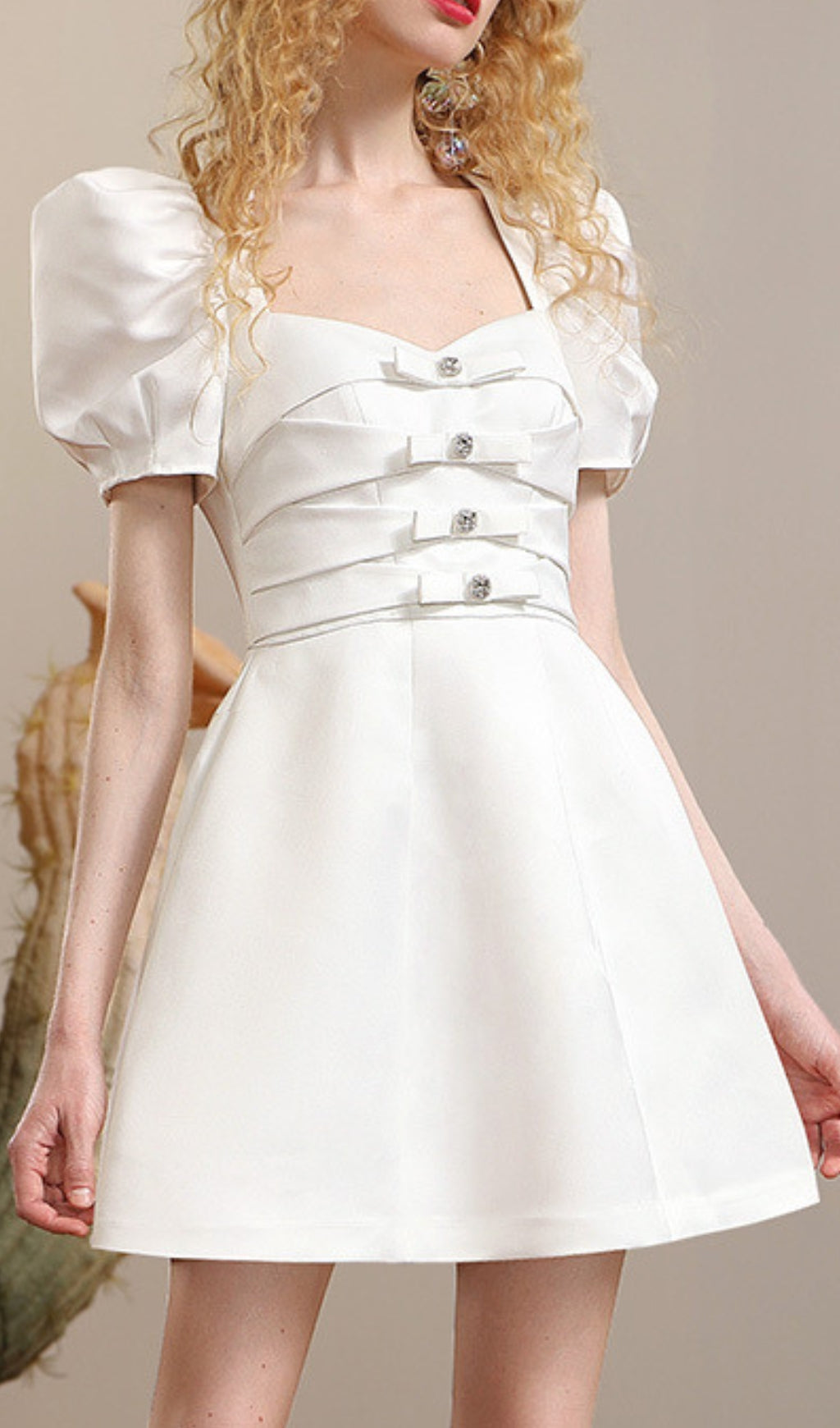 Conal White Sweetheart Bow Puff Sleeve Mini Dress