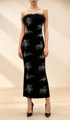 Inanna Black Feather Trim Velvet Embellished Strapless Maxi Gown