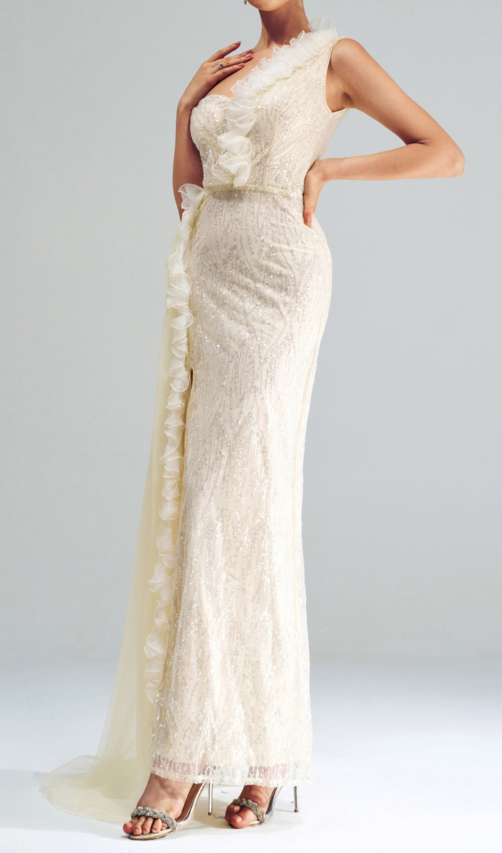 Capella One-Shoulder Ruffle Sequin Maxi Gown with High Slit