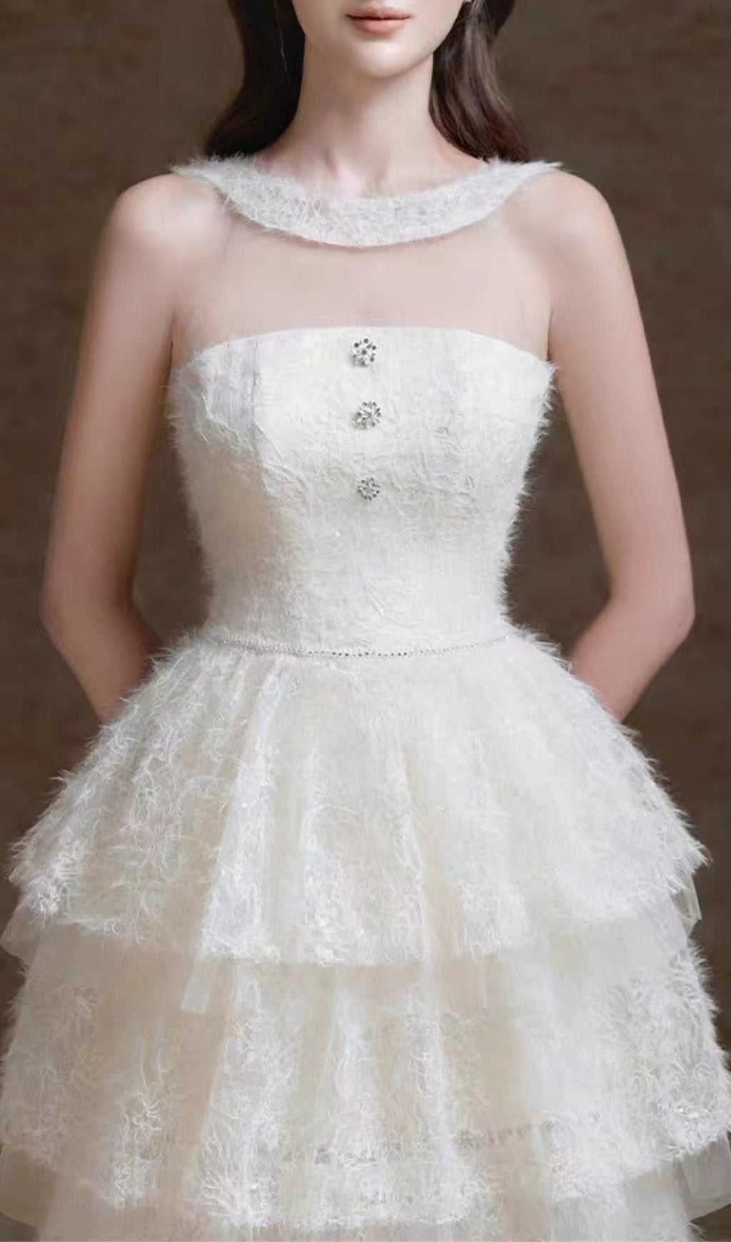 Elfreda White Tiered Lace Midi Dress with Illusion Neckline