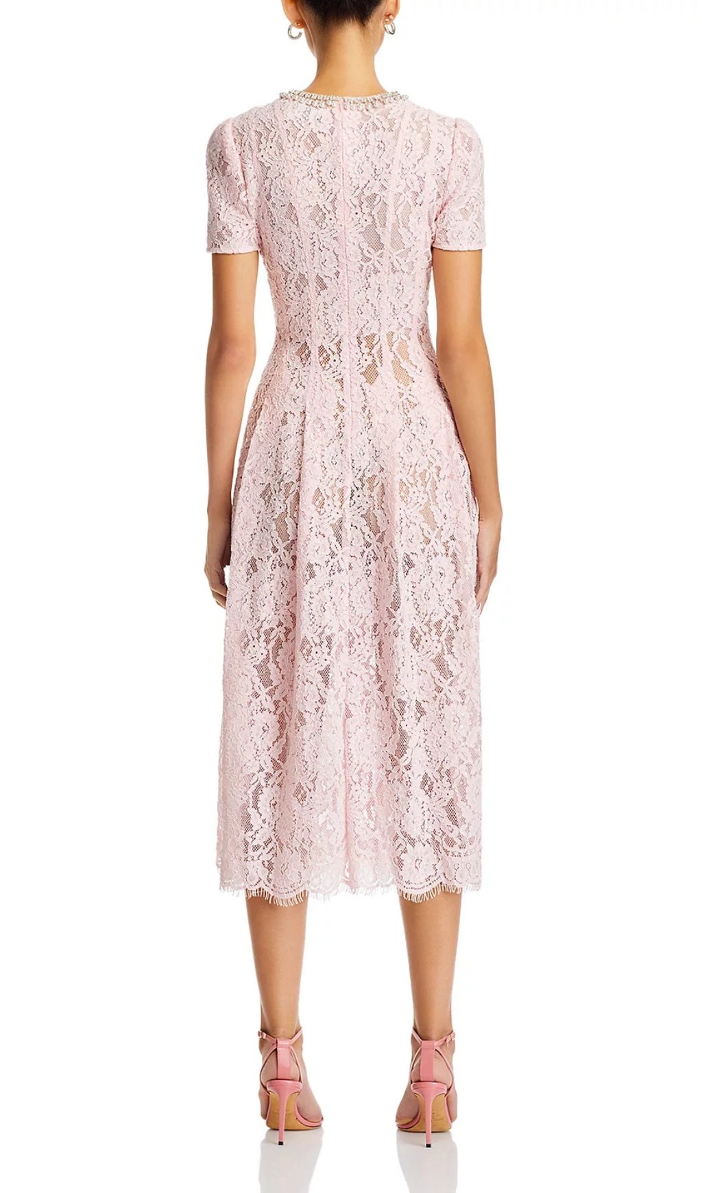 Elegant Pink Lace Embellished Fit-and-Flare Midi Dress