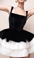 Chic Black Velvet & White Ruffle Mini Dress
