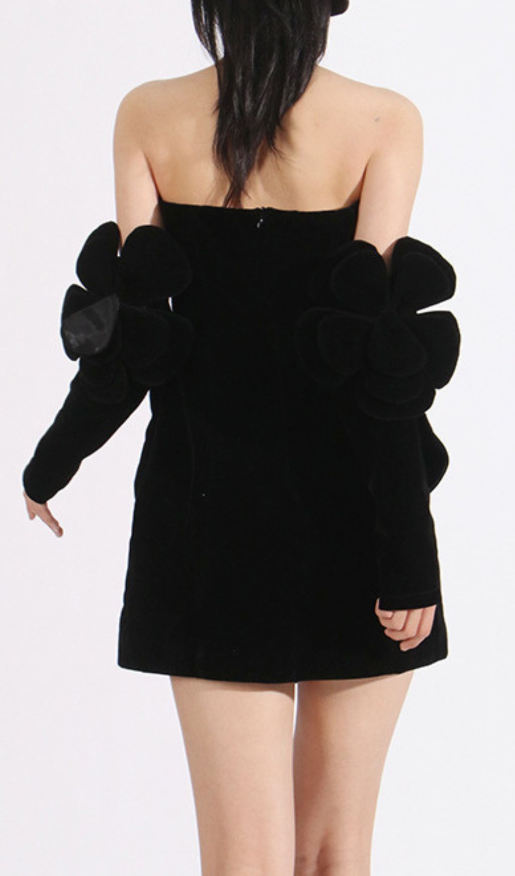 Ceren Black Floral Applique Strapless Mini Dress with Matching Gloves