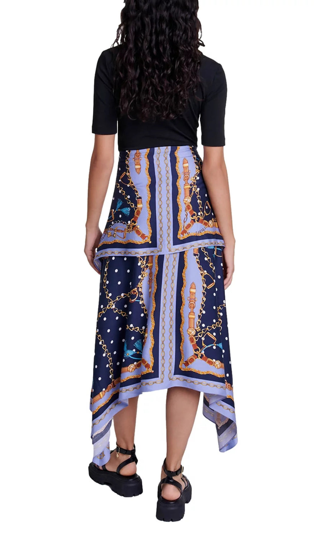 Chic Scarf Print Mixed Media Midi Dress with Asymmetrical Hem