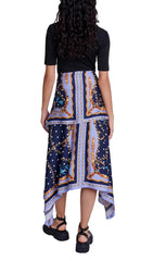 Chic Scarf Print Mixed Media Midi Dress with Asymmetrical Hem