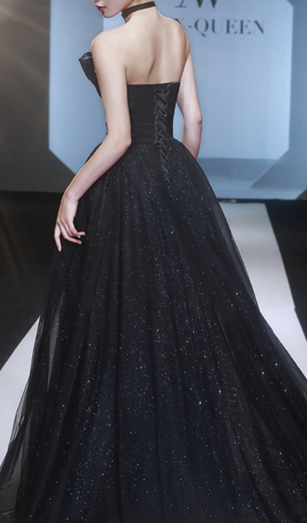 Chiyeko Black Strapless Sparkle Tulle Gown with Elegant 3D Rose Detail