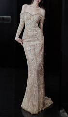 Garbo Dazzling Off-Shoulder Sequin Long Sleeve Maxi Gown