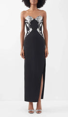 Glamorous Crystal Rose Embellished Black Strapless Maxi Gown