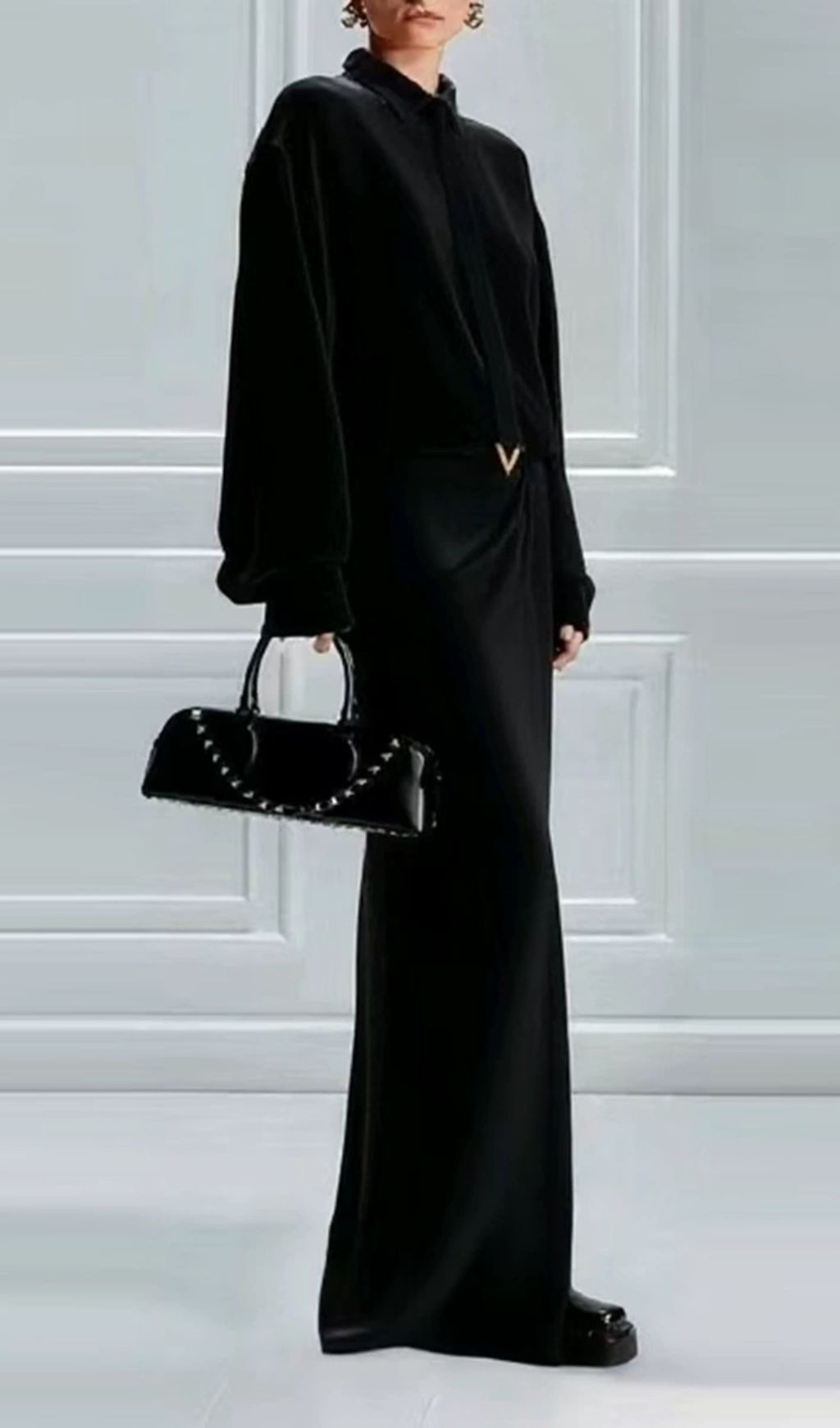 Haimi Elegant Black Long Sleeve Maxi Dress with V-Detail Draped Waist