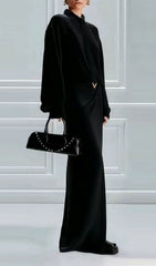 Haimi Elegant Black Long Sleeve Maxi Dress with V-Detail Draped Waist