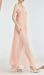Ethereal Fintan Blush Pink Strapless Pleated Mesh Maxi Dress