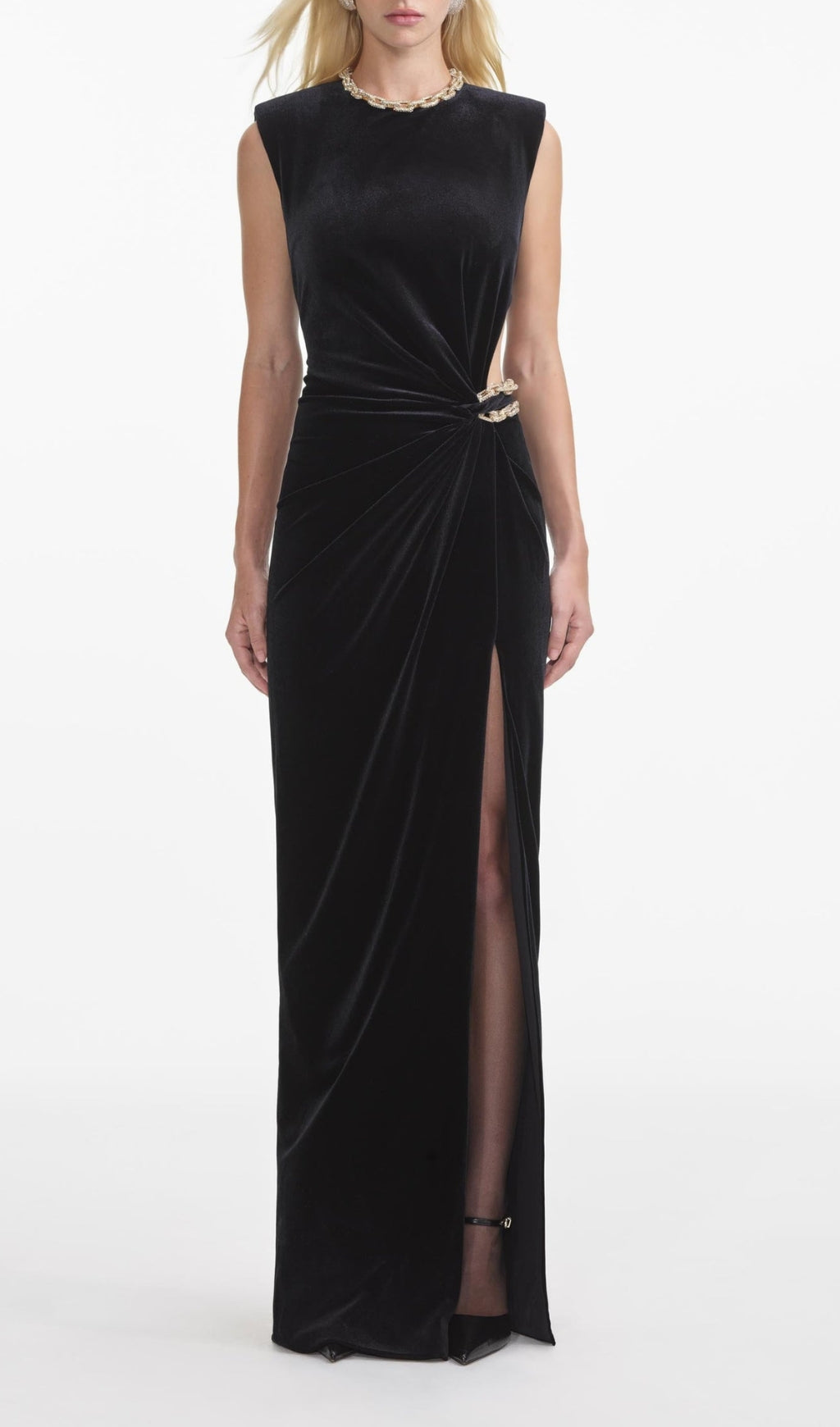 Glamorous Black Velvet Maxi Dress with Crystal Chain & Cutout Detail