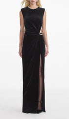Glamorous Black Velvet Maxi Dress with Crystal Chain & Cutout Detail