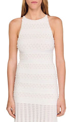 Elegant White Faux Pearl Beaded Midi Dress