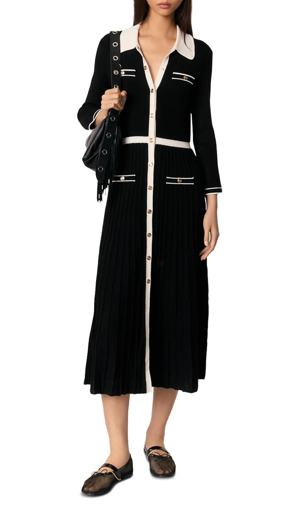 Redouane Elegant Black & White Knit Shirt Dress