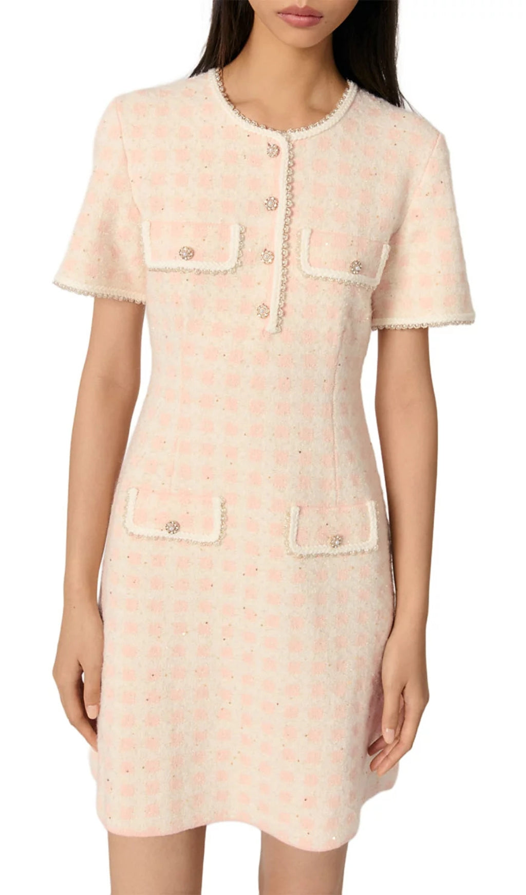 Rartingal Chic Tweed Knit Mini Dress with Pearl Trim & Ornate Buttons