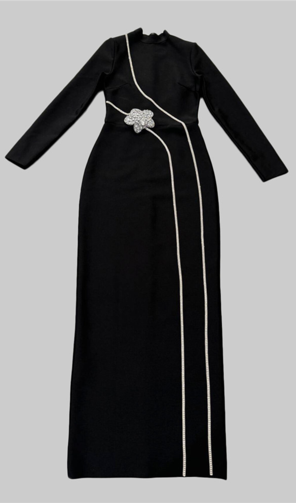 Galatia Black Diamante Embellished Long Sleeve Maxi Evening Gown