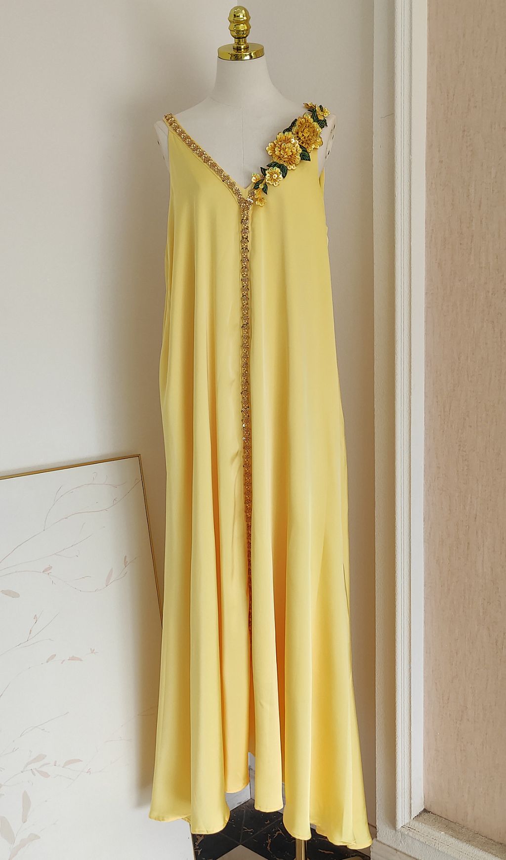 Inge Radiant Yellow Halter Maxi Dress with 3D Floral Appliques