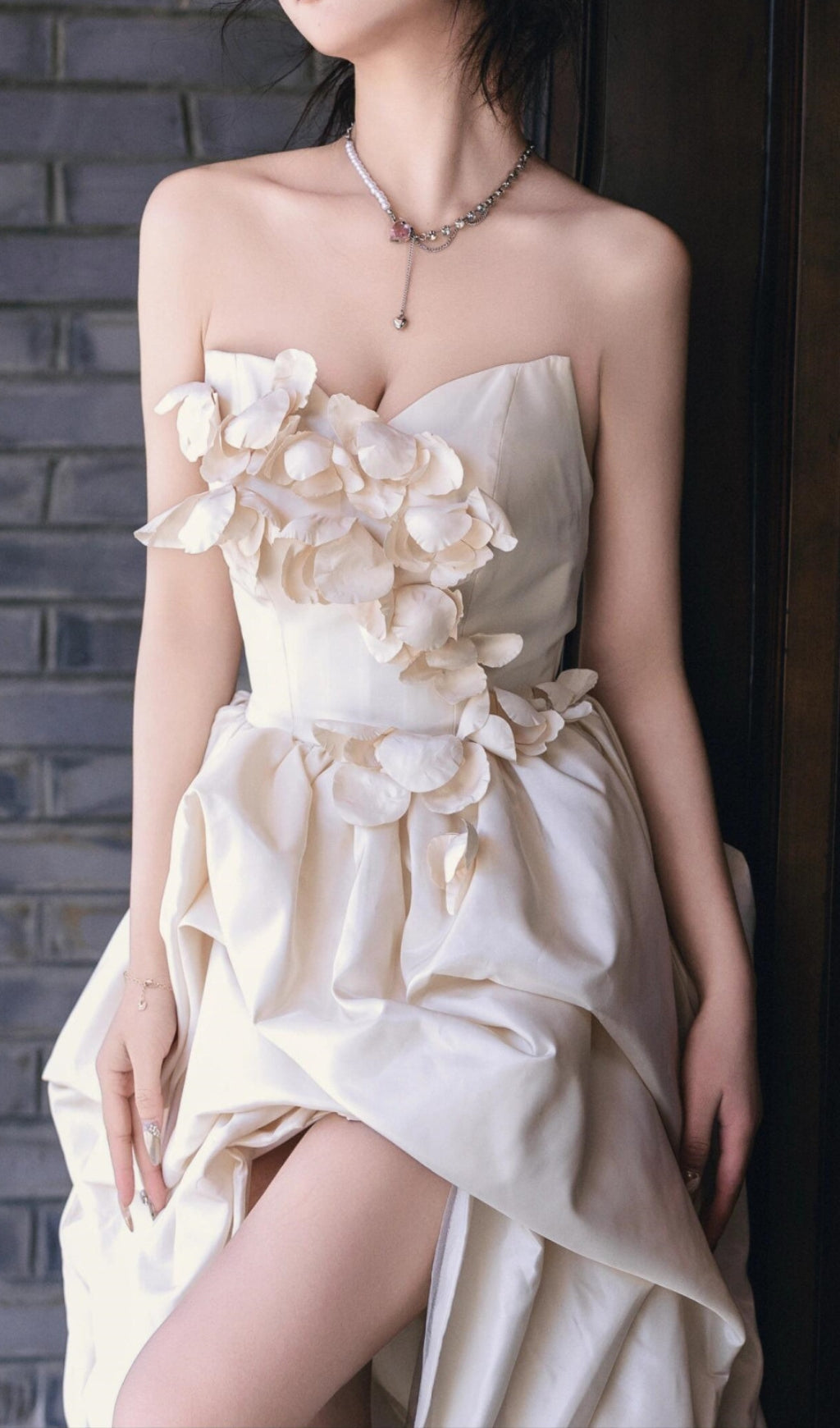 Dalal Strapless High-Low Petal Wedding Gown