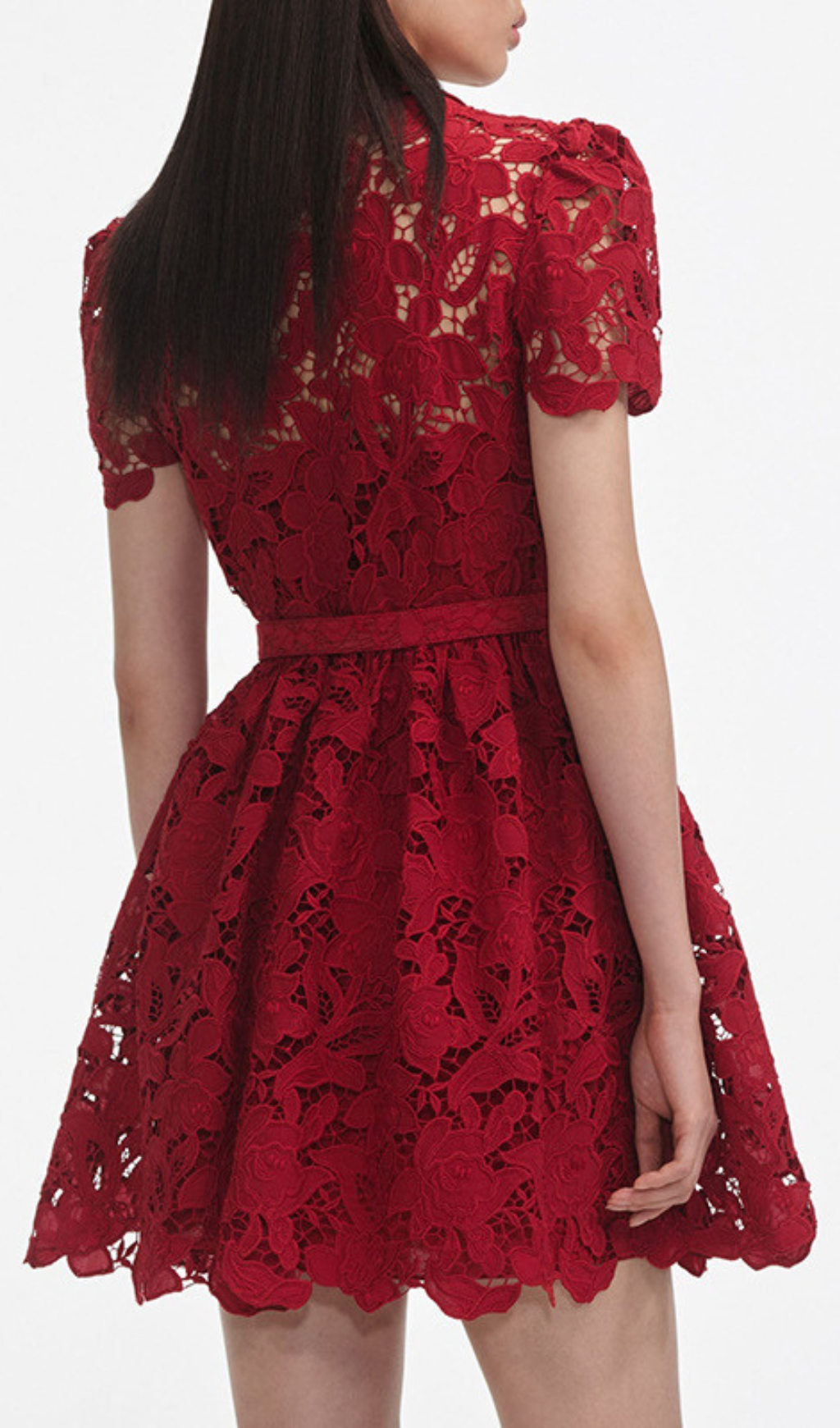Gasha Vibrant Red Lace Belted Mini Dress
