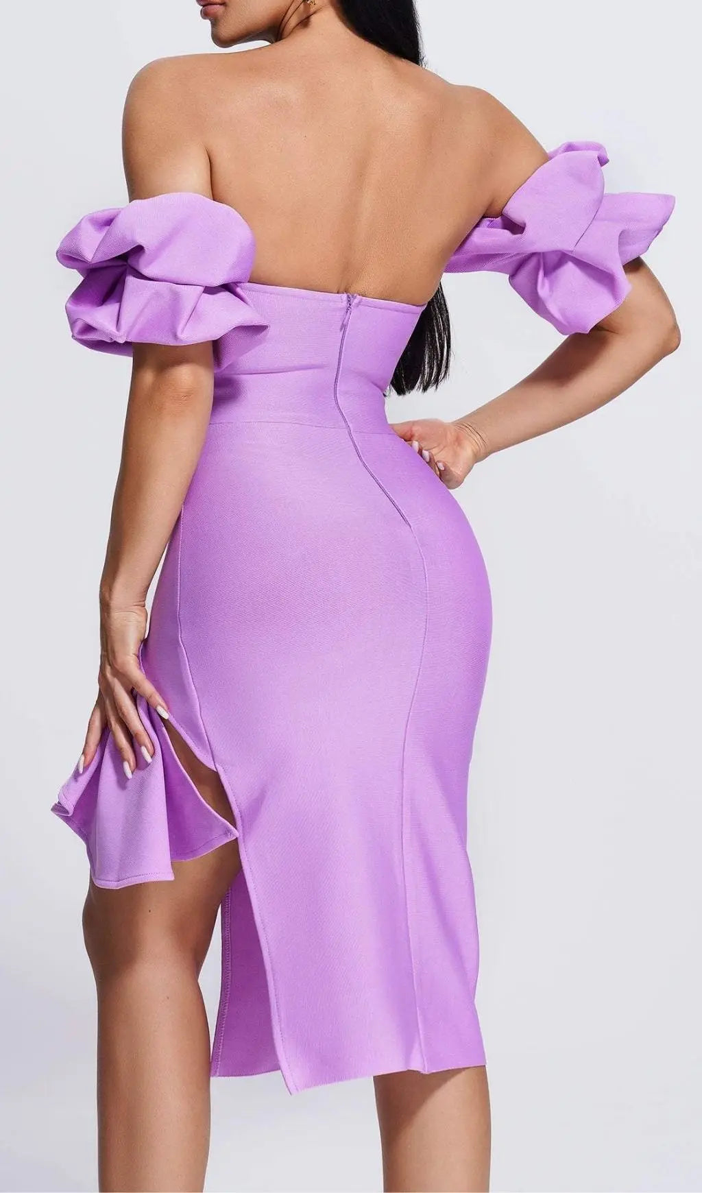 Lavish Lavender Off-Shoulder Midi Dress with Dramatic Puff Sleeves & High Slit